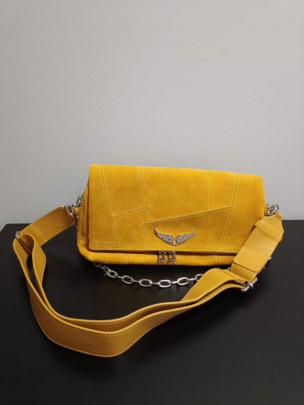 Zadig & Voltaire Mustard Yellow Suede Crossbody with Wing Emblem